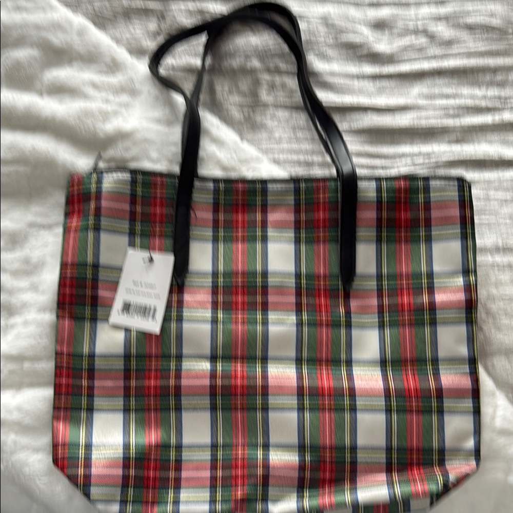 Perfumania Plaid Tote Bag with Black Handles
